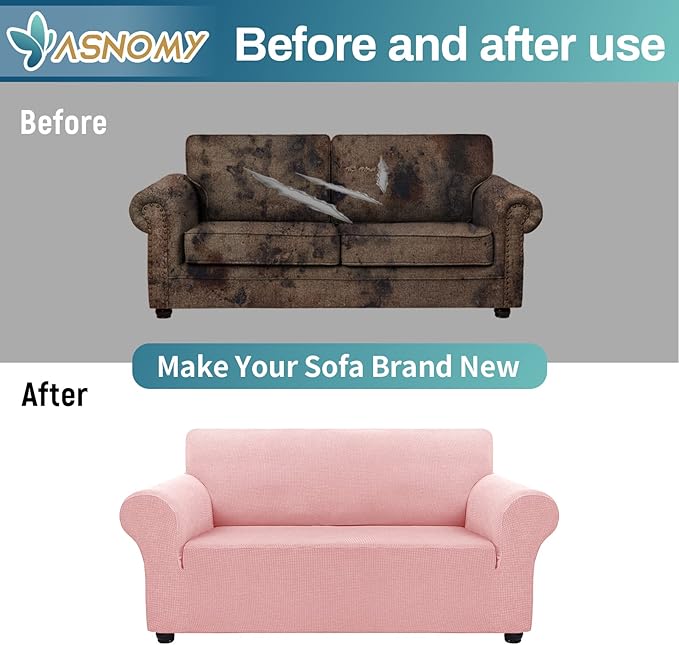 Asnomy Sofa Covers for 2 Cushion Couch Stretch loveseat Covers Slipcovers, Pet Protector Furniture Covers for Dogs Cats Spandex Jacquard Fabric Small Checks (Medium,Pink)