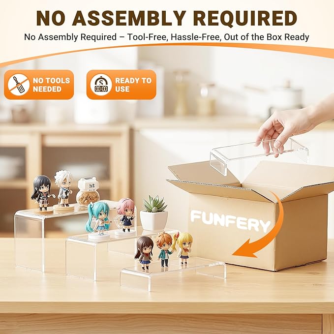 FUNFERY Acrylic Display Risers,2 Sets(7.8" L~8.2" L~8.6" L) Display Stand Shelf for Figure,Collectibles,Cupcake,Clear Acrylic Risers for Displays Case Cabinet,Dessert Table,Shelf Riser for Decor,Food