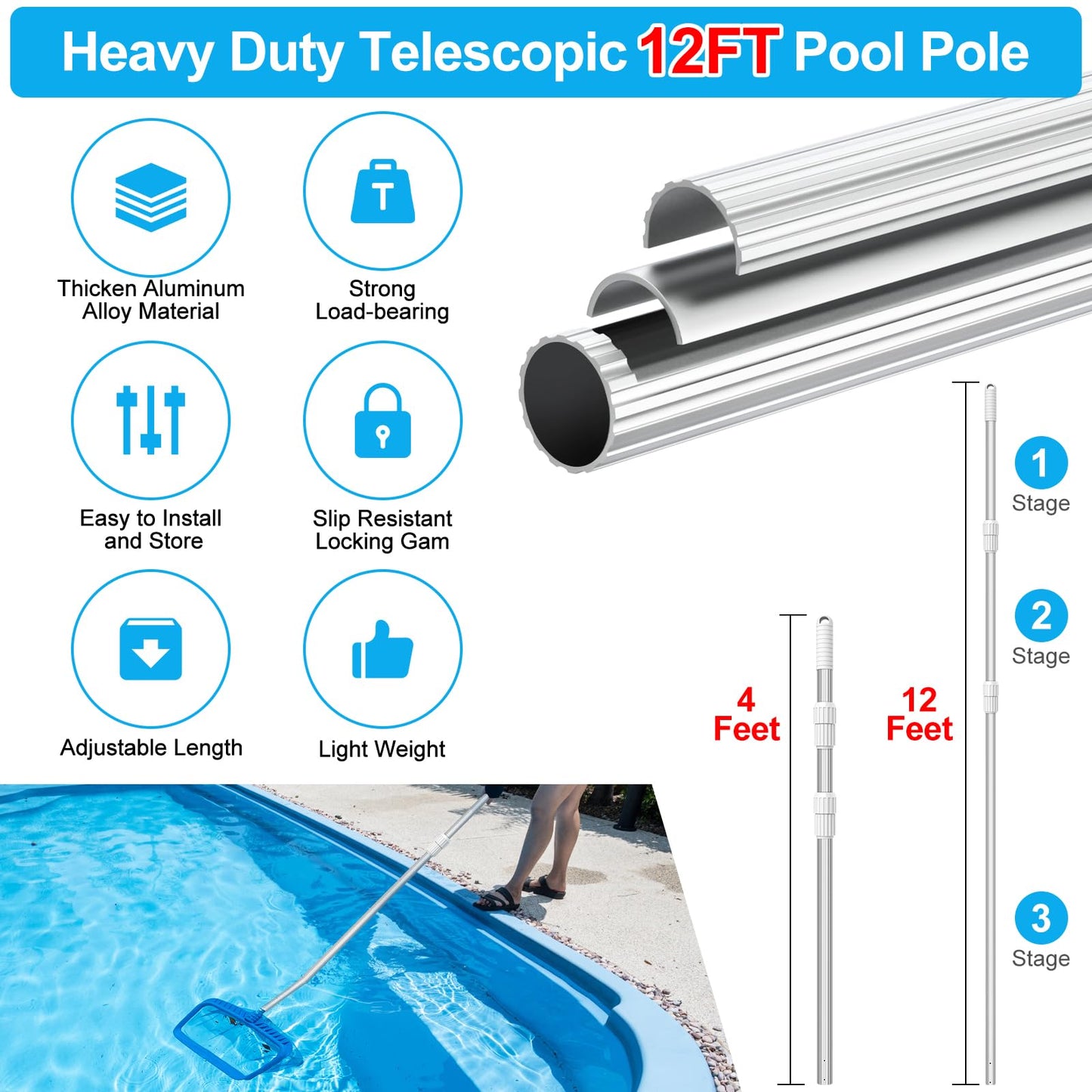 YEECHUN Professional Thicken 12 Foot Swimming Pool Pole Telescopic Aluminum Fits Pool Net Skimmer Rake Vacuum Head Brush Cleaning Equipment Heavy Duty,for Skimmer Nets, Vacuum Heads and Brushes