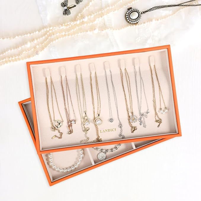 LANDICI Stackable Jewelry Organizer Trays 4 Set,PU Leather Jewelry Organizer Drawer,Jewelry Storage Display Tray for Earring Necklace Rings Bracelet with Removable Dividers,Orange