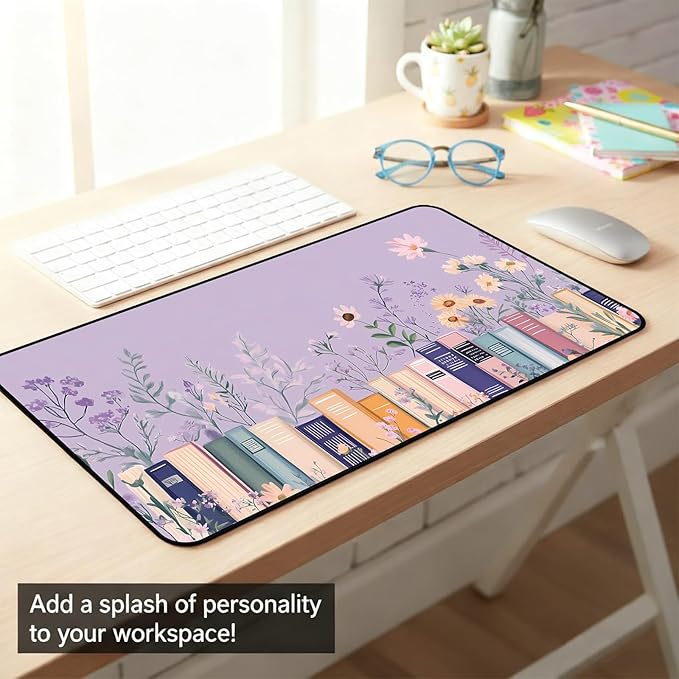 Purple Book Desk Pad Mat XXL, Lavender Flower Large Mousepad, Game Desk Mat, Extended Laptop Keyboard Mats, Cute Desktop Protection Pad, Women's Home Office Desk Decoration 31.5"X15.7"