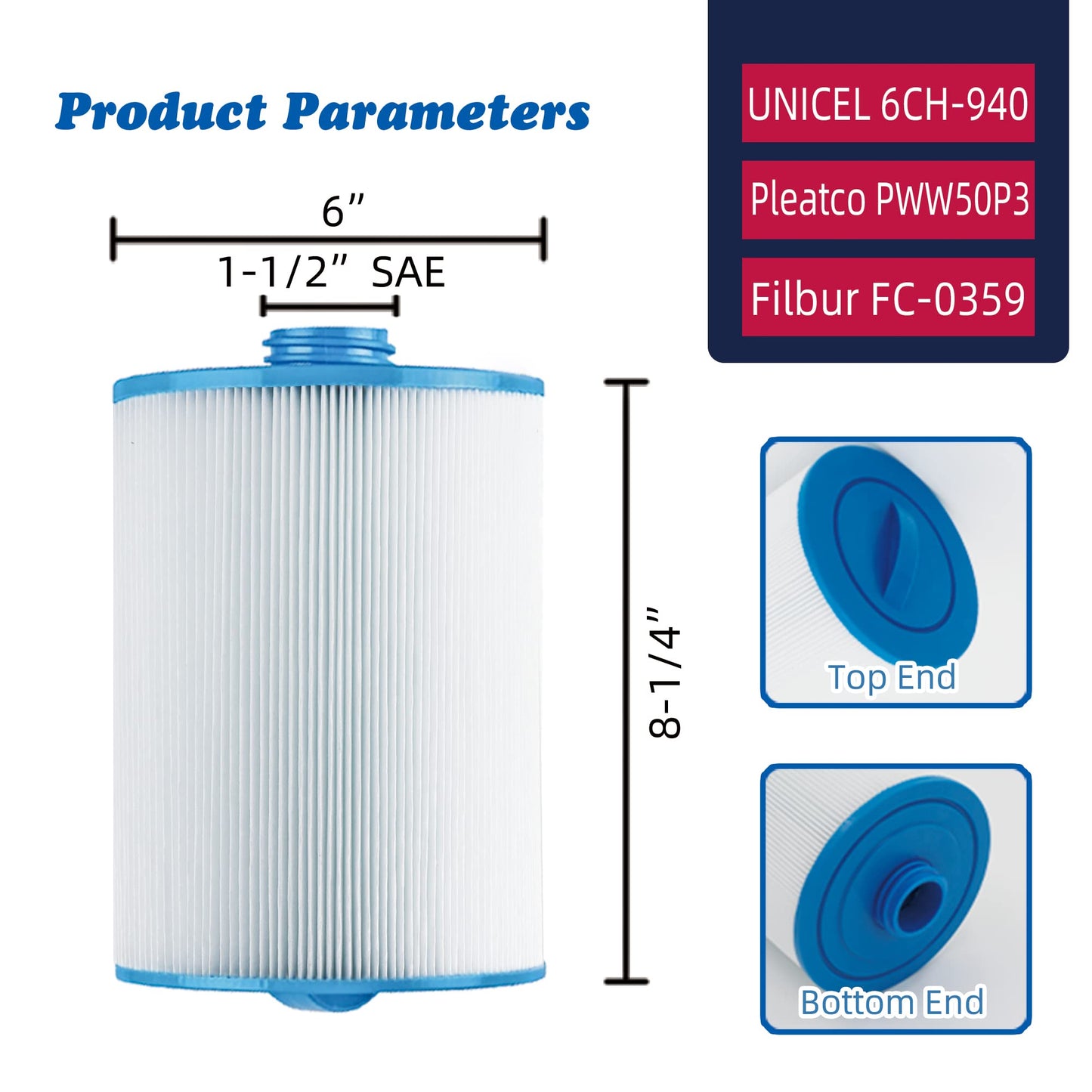 Mamokin PWW50 Spa Filter, Replaces 6CH-940,Filbur FC-0359, 817-0050, 25252, 03FIL1400, PWW50P3(NOT PWW50P4), (1 1/2" Coarse Thread), Waterway Front Access Skimmer, SAE Thread Hot Tub Filter 2 Pack
