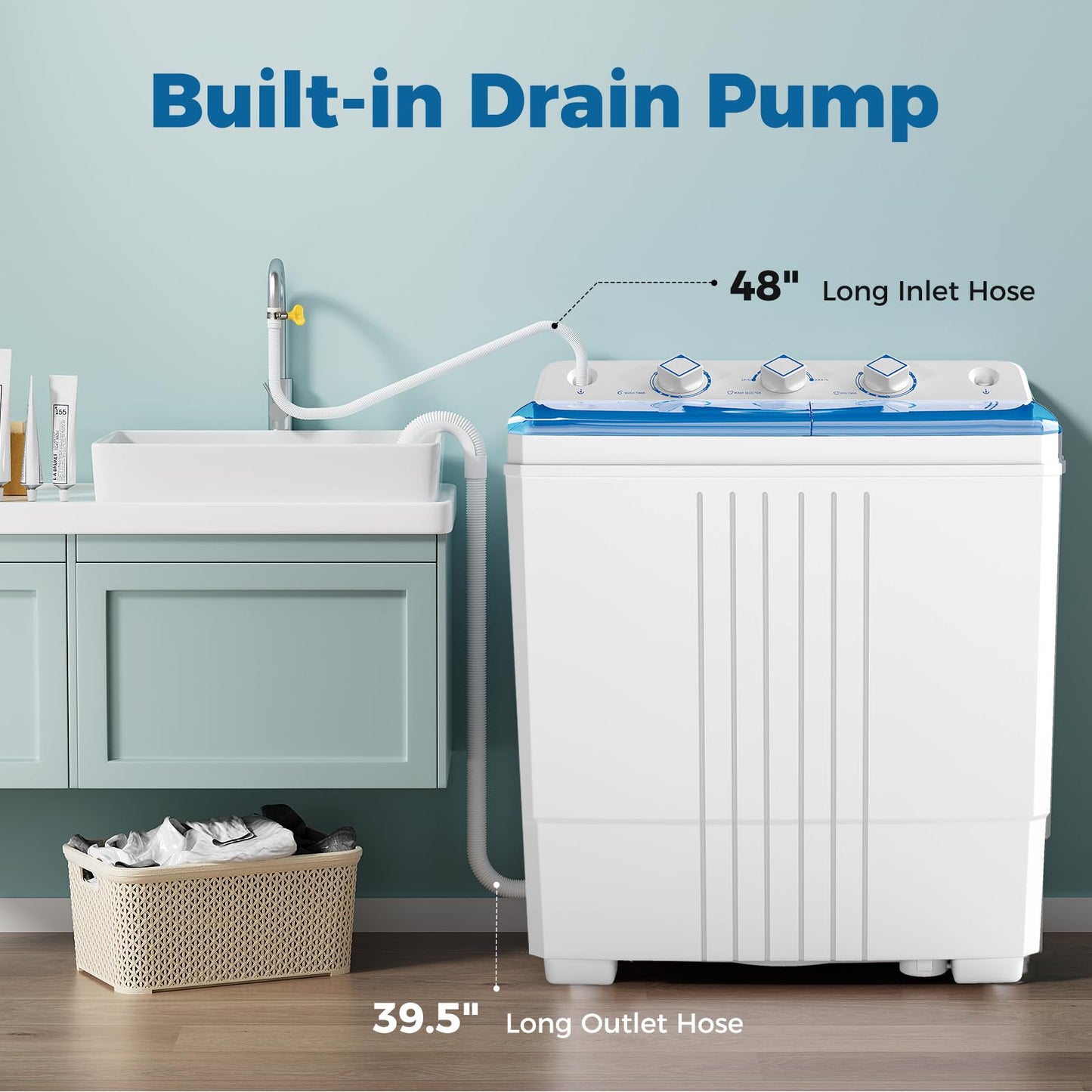 COSTWAY Portable Washing Machine, Twin Tub 20 Lbs Capacity with Drain Pump, Laundry Washer 12 Lbs and Spinner 8 Lbs with Timer Control, Perfect for Apartment Dorm RV, Blue+White