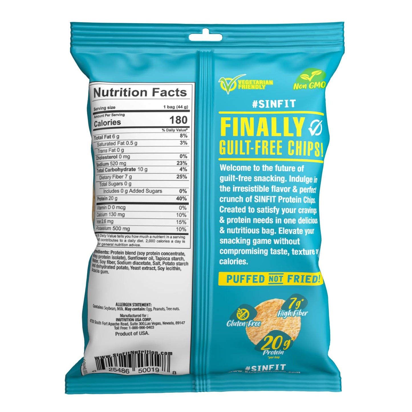 SinFit Protein Chips, 20g Protein/Bag, 50g-Bag, High Fiber, Low Carb, Gluten Free,7/box (7 Bags, Salt & Vinegar)