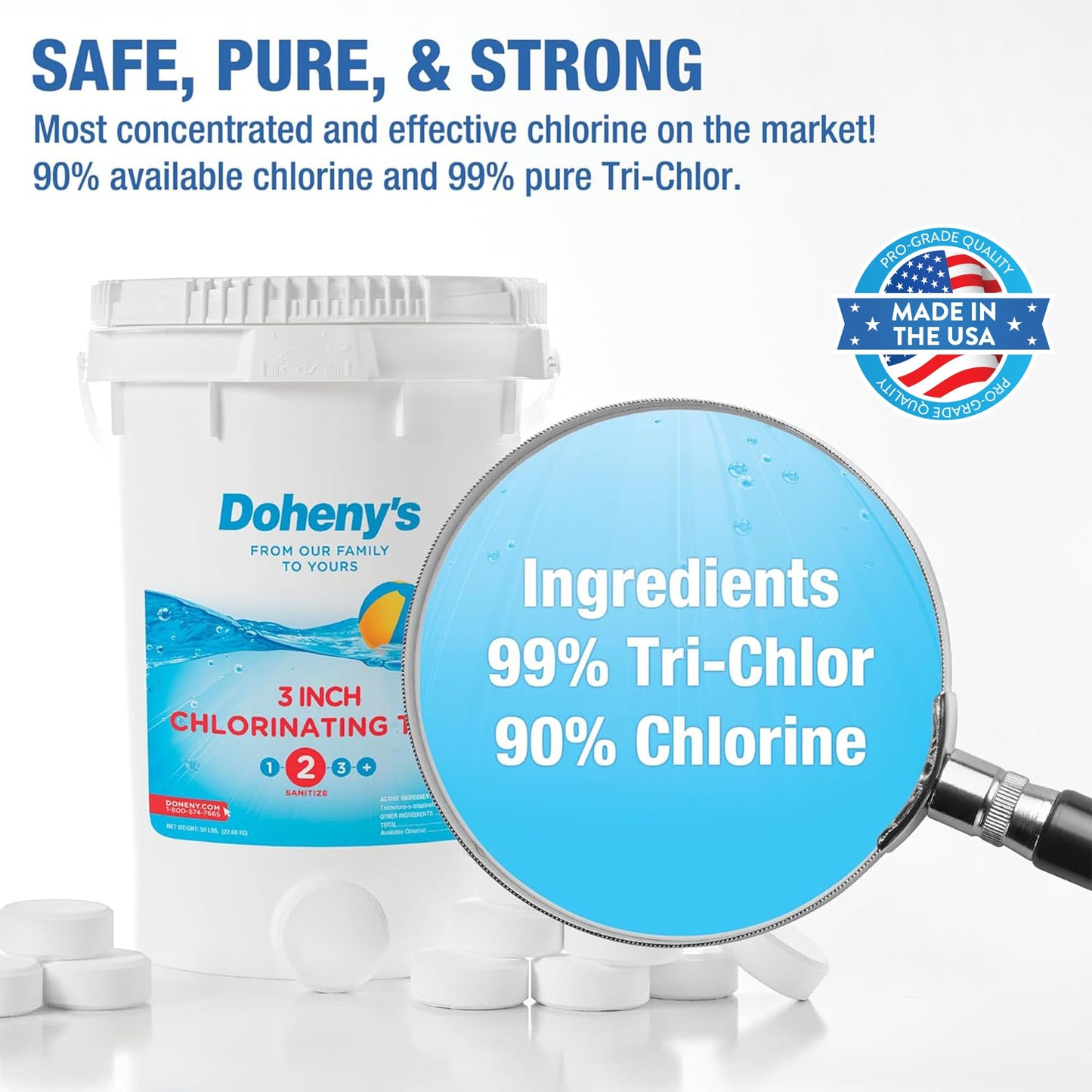 Doheny’s 3-Inch Stabilized Chlorine Tablets for Sanitizing Swimming Pools | 99% Pure Tri-Chlor, 90% Available Chlorine | Long-Lasting, UV-Protected, Slow-Dissolving | Individually Wrapped 10lb Bucket