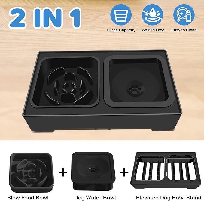2-in-1 Elevated Slow Feeder Dog Bowls, 4 Height Adjustable Raised Dog Bowls Stand with No Spill Water Bowl, Non-Skid Pet Food Feeding Set for Small, Medium, Large Dogs Cats