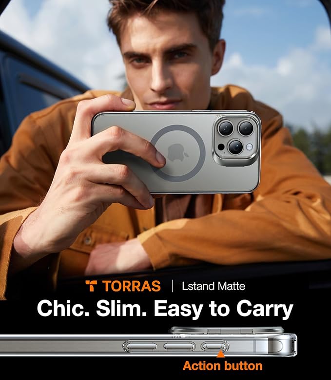 TORRAS Magnetic for iPhone 15 Pro Case, Compatible with MagSafe, Invisible Camera Kickstand, Military-Grade Shockproof Translucent Anti-Scratch Hard Back and Soft Edge Phone Case, Clear Grey