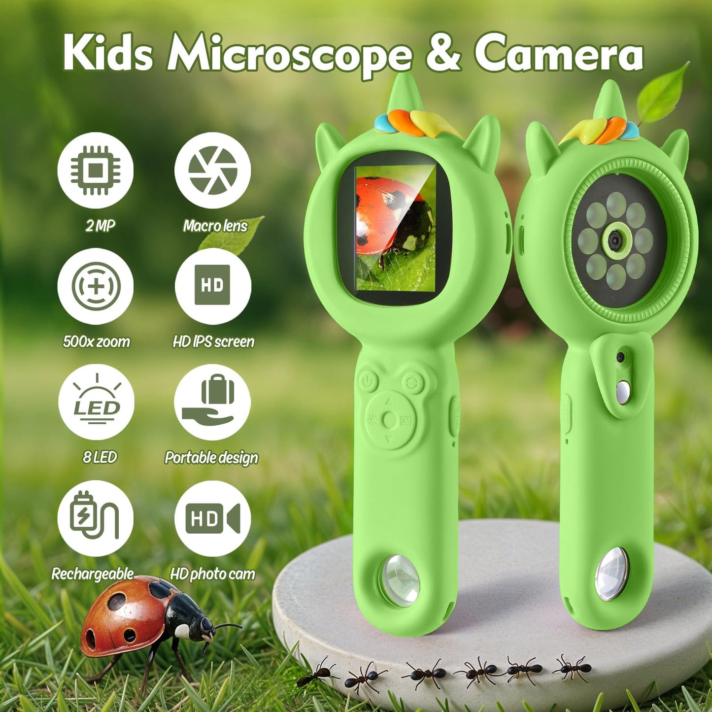 Kids Microscope- 500x Magnification,16X Zoom,Handheld Microscope for Kids with HD Cam,Portable Science Learning Tool,Christmas Birthday Gifts for Boys Girls Aged 3-12,32GB SD Card Include(Green)