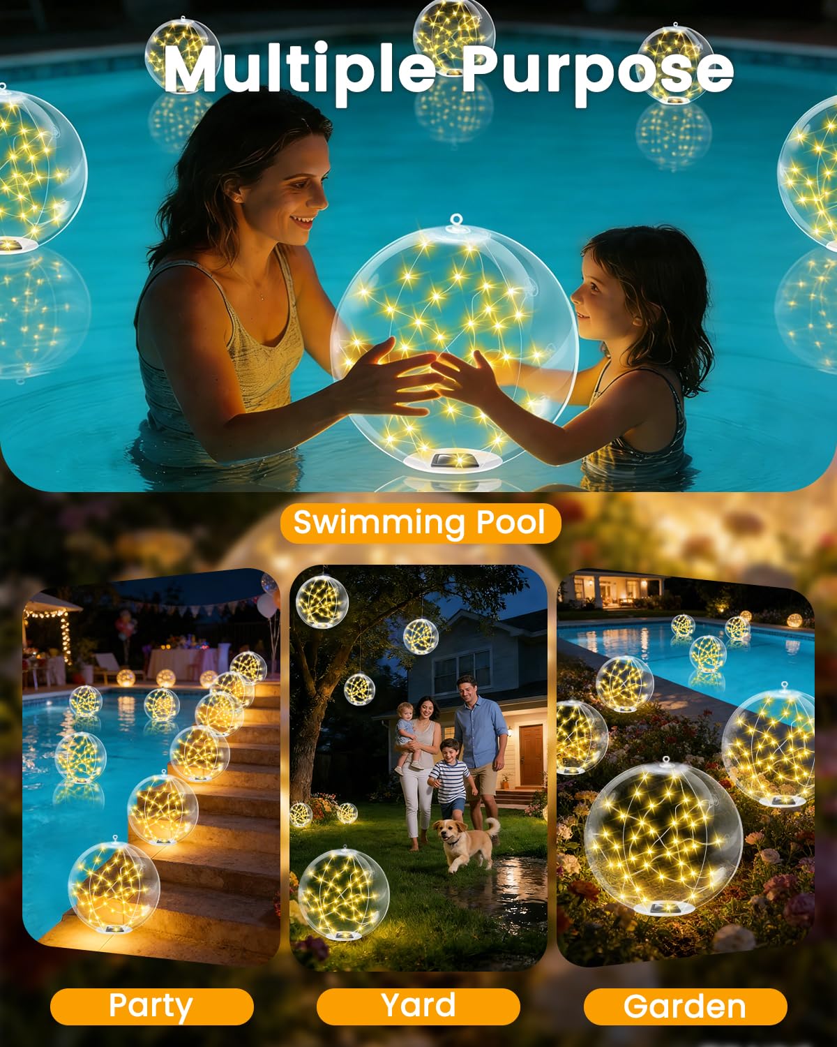 2026 New 2 Pack Floating Pool Lights, Warm White Solar Powered Pool Ball Lights That Float with 8 Modes, IP68 Waterproof Light Up Inflatable LED Balls for Pools Outdoor Party Wedding Yard Decorations