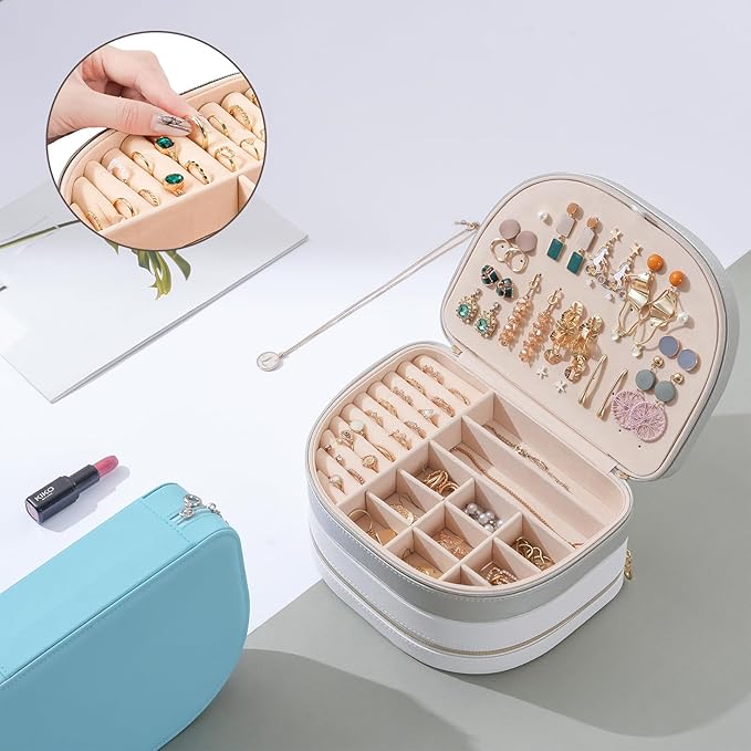 ProCase Travel Size Jewelry Box, Large Portable Seashell-Shaped Jewelry Case, 2 Layer Jewelry Organizer in PU Leather for Women -Silver