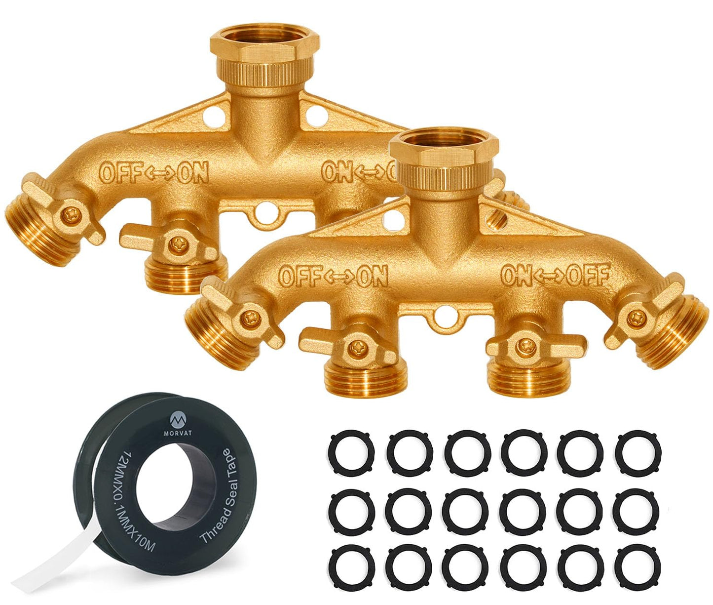 Morvat Brass 4-Way Splitter LEAD-FREE, Heavy-Duty Garden Hose Manifold Connector with Improved Comfort Grip ON/OFF Valves, Adapter for Water Faucet & Spigot, Includes 16 Washers, Teflon Tape (2-Pack)