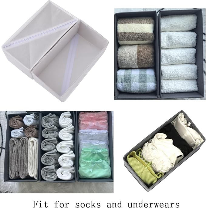 Sock Drawer Organizer 3 Pack - Collapsible Fabric Storage Bins for Underwear Divider, Small Closet Organizers with 3 Compartments, Raw White
