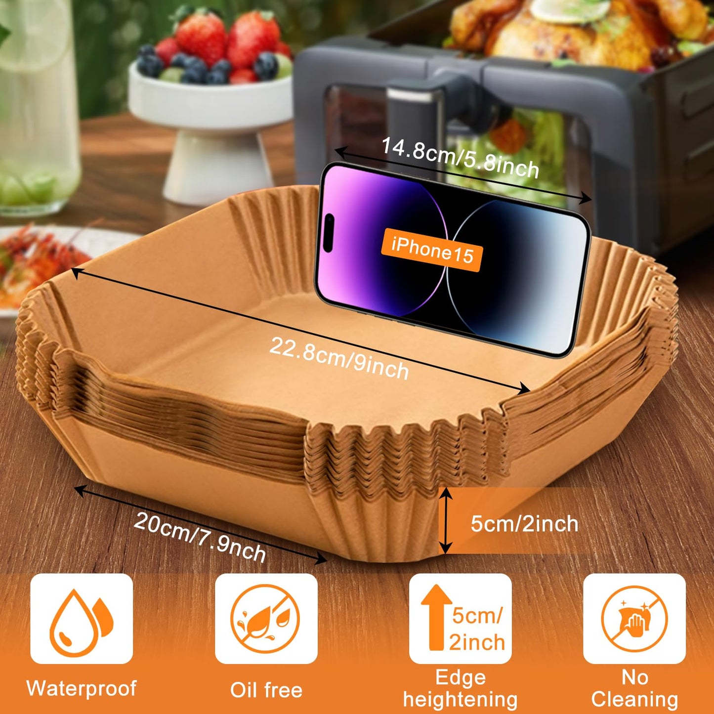 200PCS Air Fryer Liners Disposable: Square 7.9 Inch Non-Stick Airfryer Paper Liners - Food Grade Parchment Paper for 5 6 7 8 QT Air Fryer Baking and Roasting - Waterproof and OilProof (9 Inch on Top)