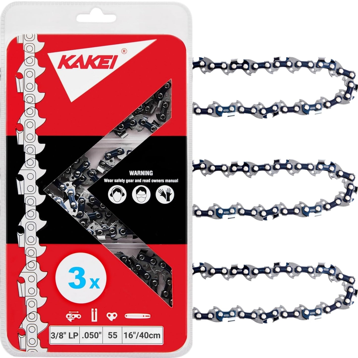 KAKEI 16 Inch Chainsaw Chain 3/8" LP Pitch .050" Gauge 55 Drive Links- 63PM3 55, Fits STIHL 021, MS210, MS211, McCulloch and More- S55 (3 Chains) - Semi Chisel