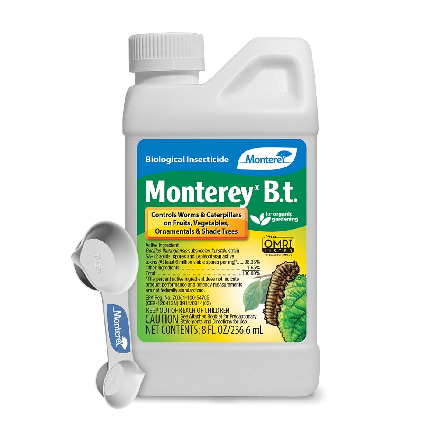 Monterey B.t. Bundled with Measuring Spoon - Caterpillar & Worm Killer Organic Gardening - Apply with Sprayer - 8 oz