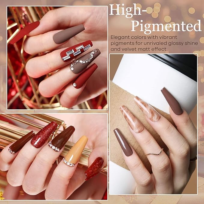 modelones Gel Nail Polish Set, 6 Colors Nude Brown Burnt Orange Glitter Gel Polish Dark Red Wine Burgundy Maroon Nail Polish Soak Off Winter Nail Art Manicure Kit DIY Salon Gift