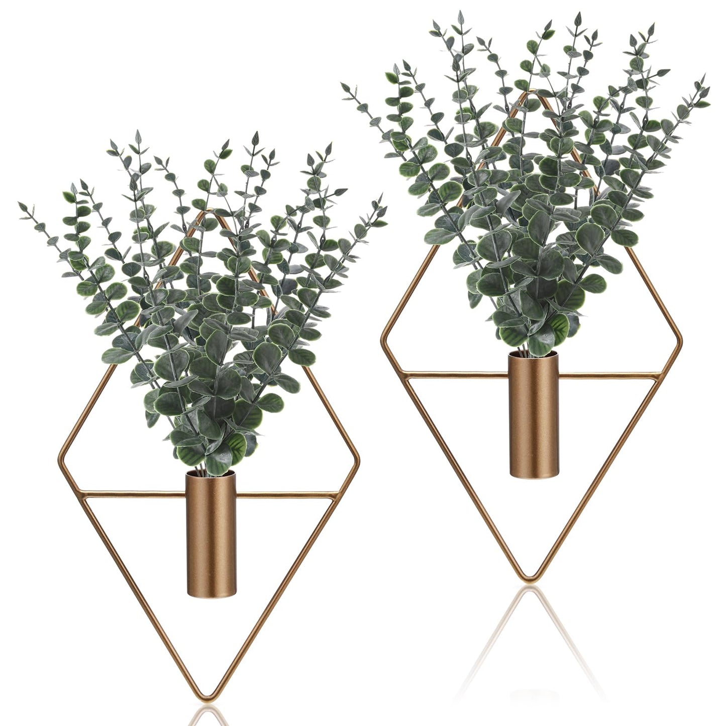 Jexine 8 Pcs Hanging Planters with Artificial Eucalyptus Metal Hanging Vase Indoor Plants Holder Modern Geometric Boho Bathroom Wall Decor for Living Room Home Office (Eucalyptus,Bronze)