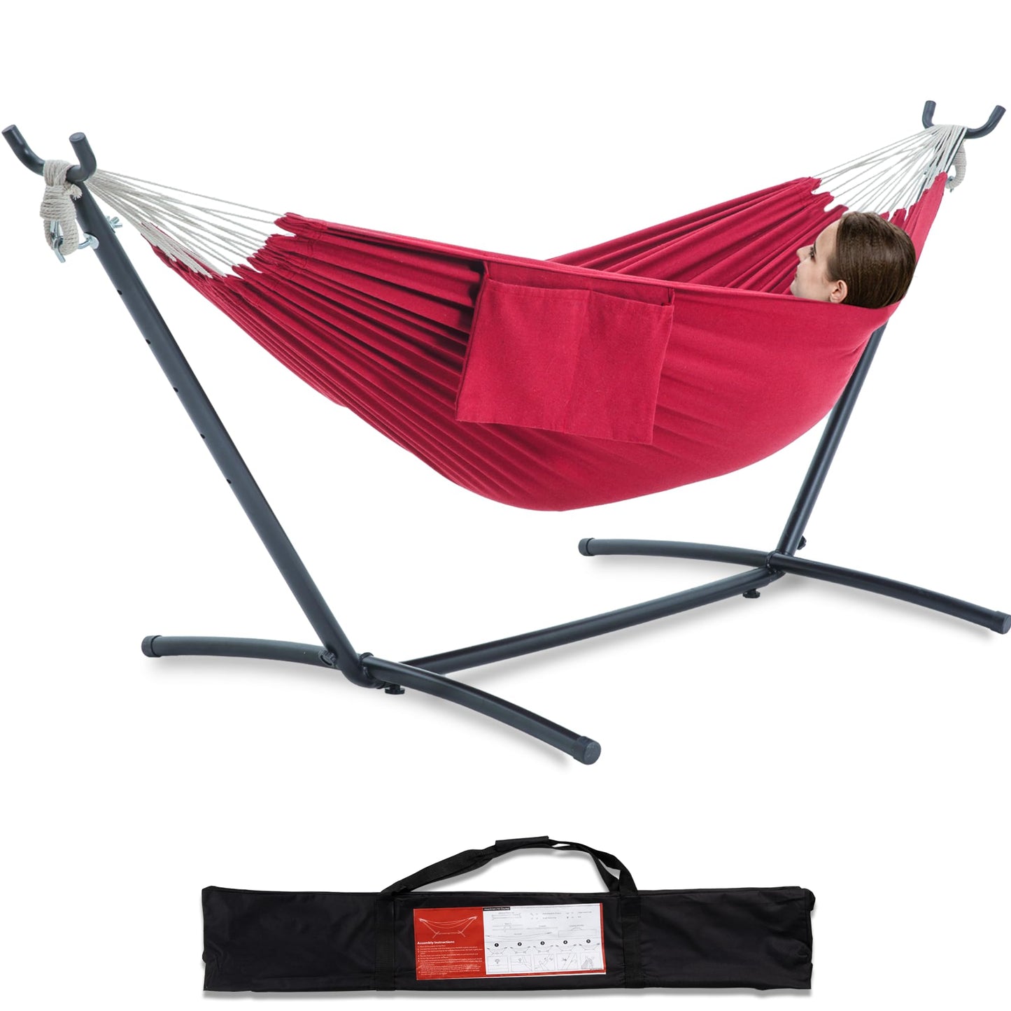 PNAEUT Double Hammocks with Stand for Outside, Portable Space Saving Heavy-Duty Steel Stand for Indoor Outdoor Patio with Carrying Bag, 450 lbs Capacity (Cherry)