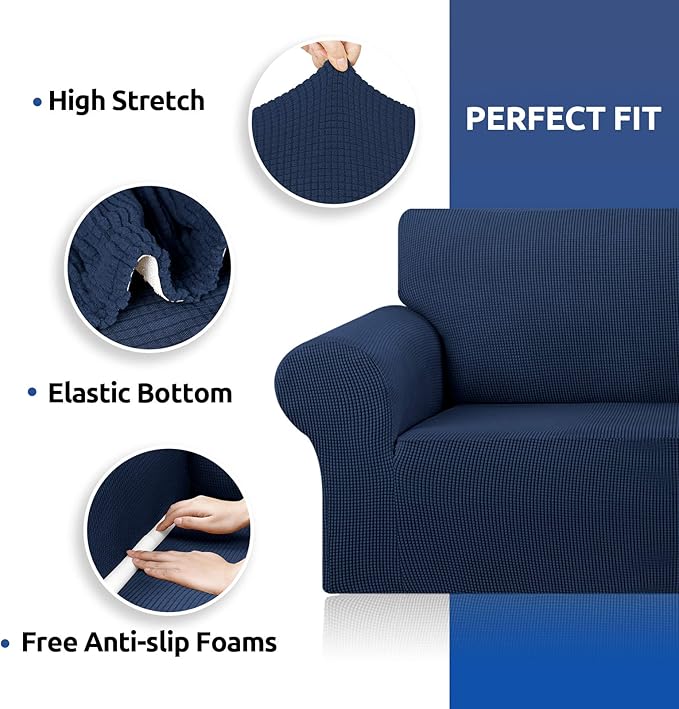 KEKUOU Stretch Sofa Cover Slipcover ,Couch Covers for 3 Cushion Couch Sofa pet Friendly (78"-94") Furniture Protector Sofa with Elastic Bottom for Kids,Dog, Jacquard Small Checked(Large,Navy Blue)