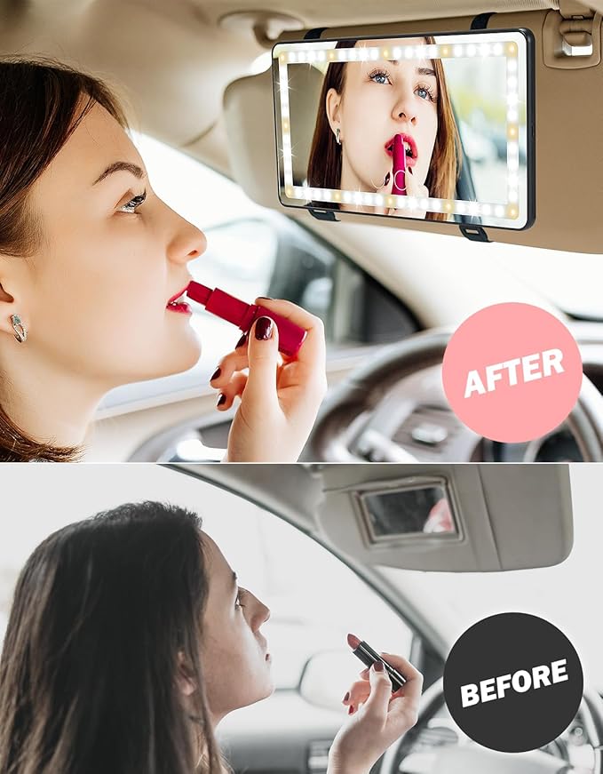 JOYTUTUS Car Sun Visor Vanity Mirror, Car Vanity Mirror With Lights, Makeup with 3 Light Modes & 60 LEDs, Rechargeable Dimmable Touch Control Travel Makeup for Truck SUV