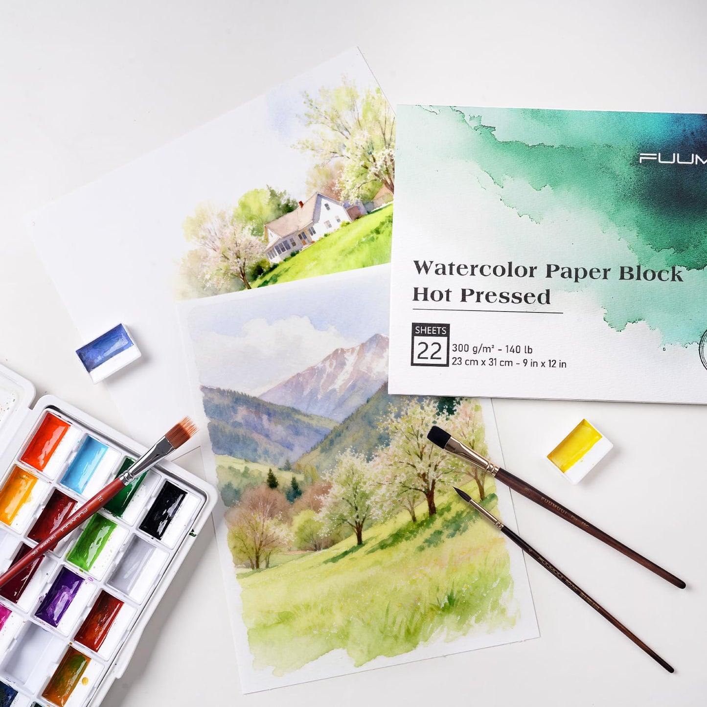 Fuumuui Watercolor Paper Block 9x12 Inch, Smooth Surface 100% Cotton Watercolor Paper, 22 Sheets, 140lb/300gsm, Hot Press, Acid-Free, Art Paper for Painting & Drawing, Wet, Mixed Media