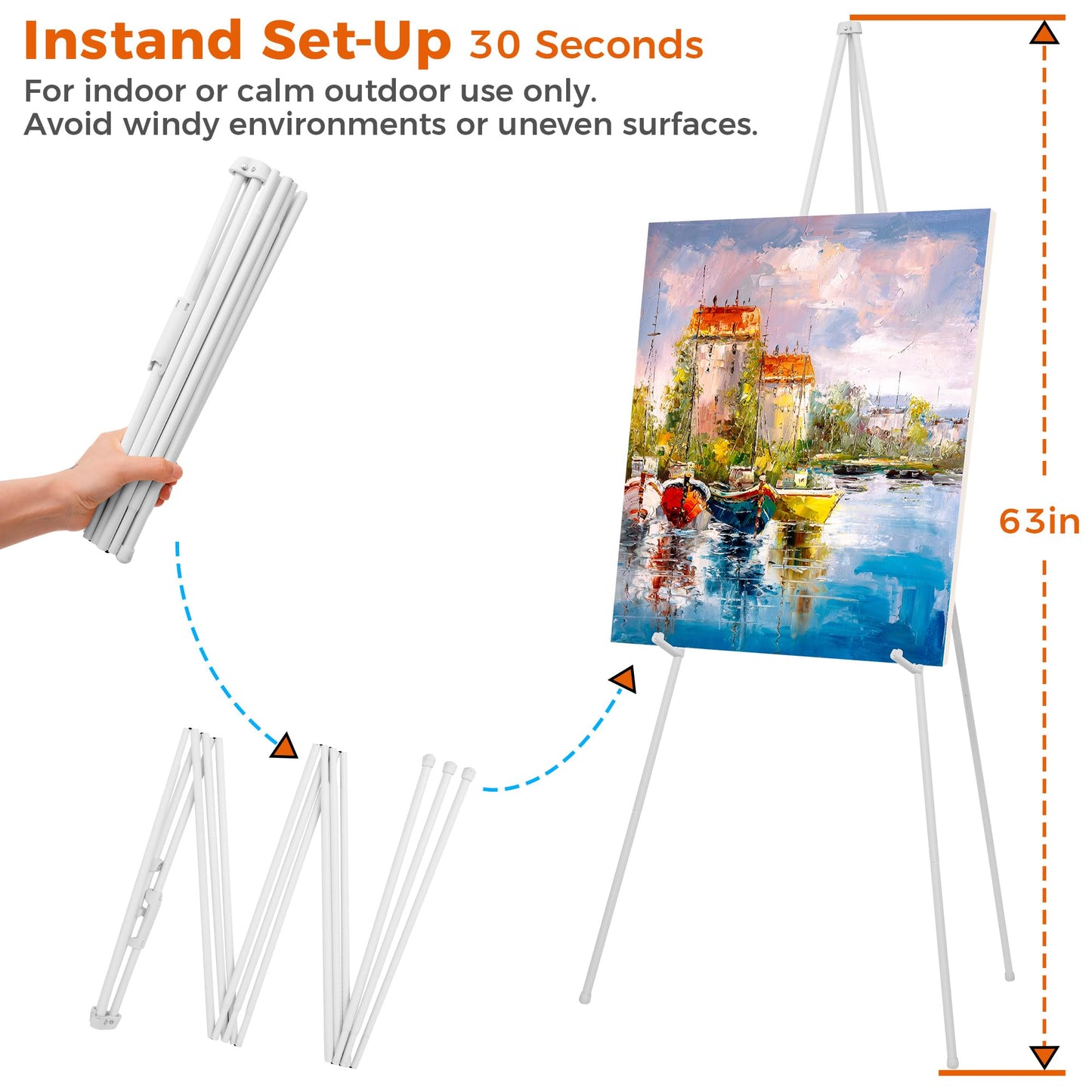 ARTASY 63" Easel Stand for Wedding Signs, Posters, Portable Artist Easel for Painting Canvas, Tripod for Home and Office, Supports 5 lbs-White 1/Pack