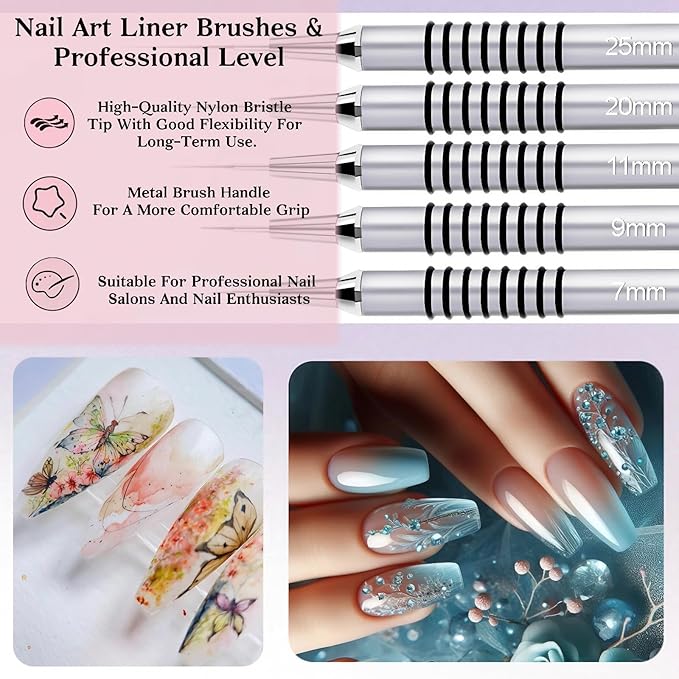 5pcs Nail Art Liner Brushes,Liner Brush Set,Liner Brush For Nails Gel,Painting Art Design Brush Set Nail Dotting Drawing Tool For Long Lines, Thin Details, Fine Drawing Sizes 7/9/11/20/25mm (Silver)