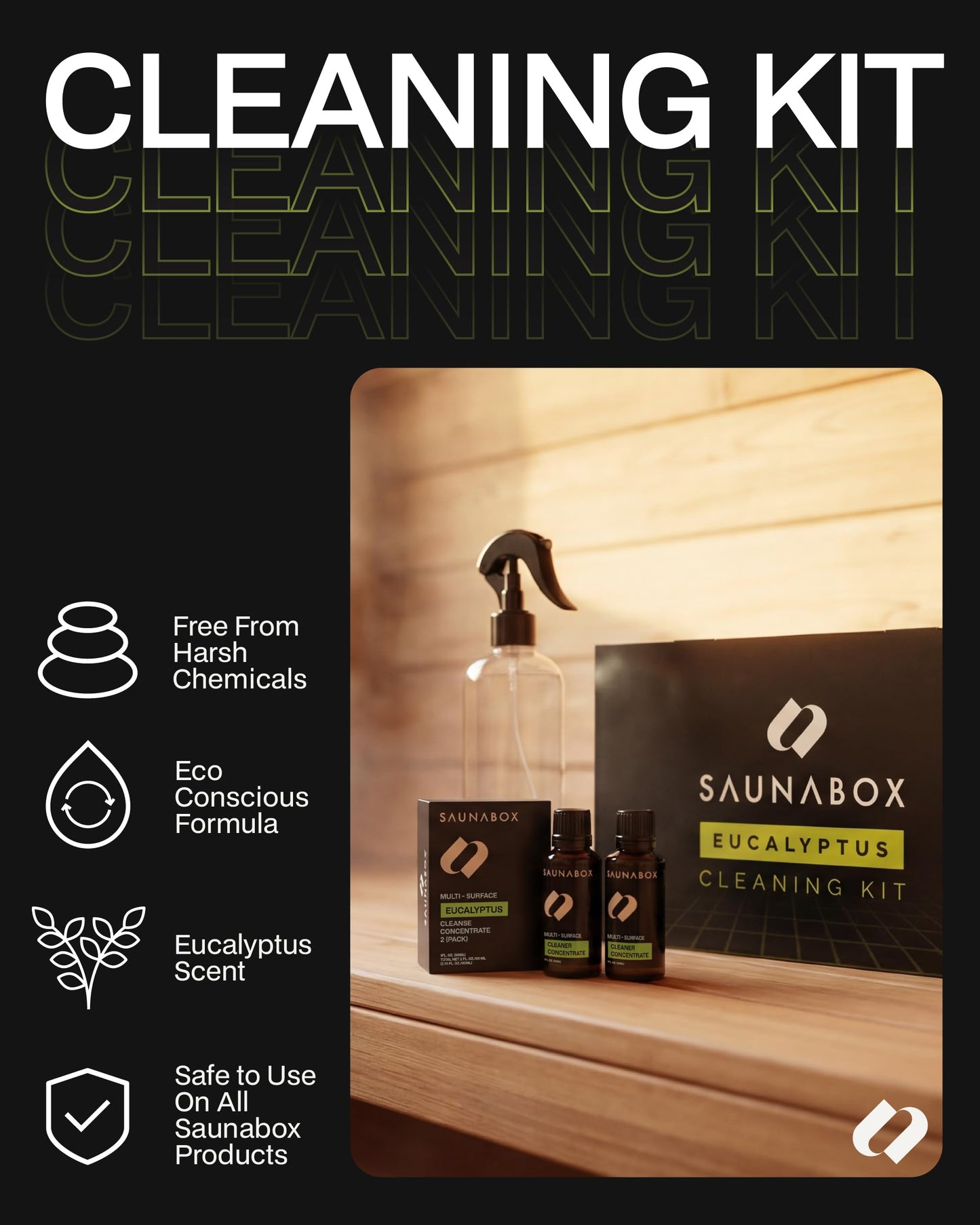 SAUNABOX All-Natural Sauna Cleaning Kit | Eco-Friendly Eucalyptus Multi-Surface Cleaner Concentrate – Chemical-Free & Biodegradable | Safe for Sauna Tents, Benches & Mats (2x1 FL.OZ./30mL)