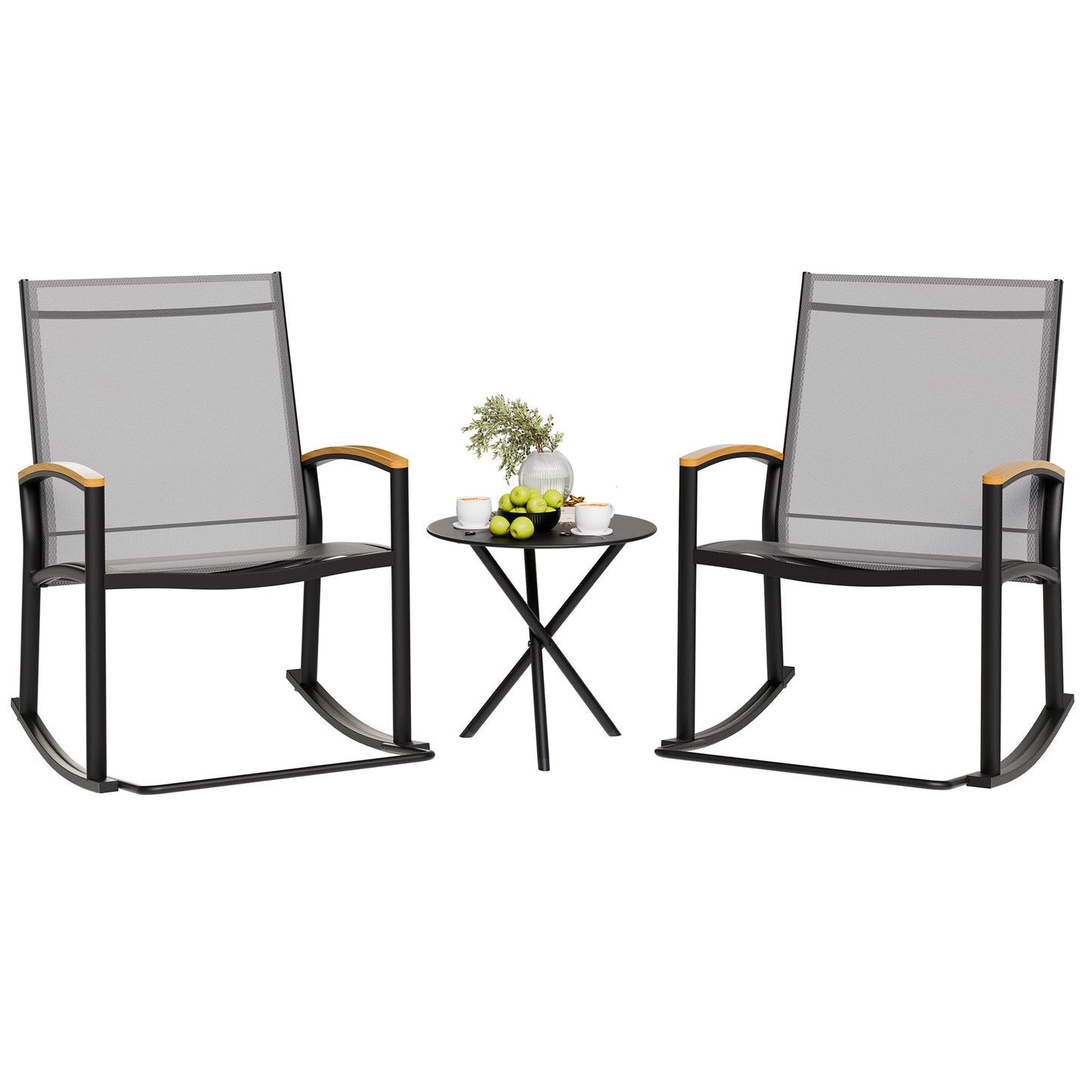Shintenchi 3 Piece Outdoor Rocking Bistro Set, Textilene Fabric Small Patio Furniture Set, Front Porch Rocker Chairs Conversation Set with Table for Lawn, Garden, Balcony, Poolside (Light Gray)