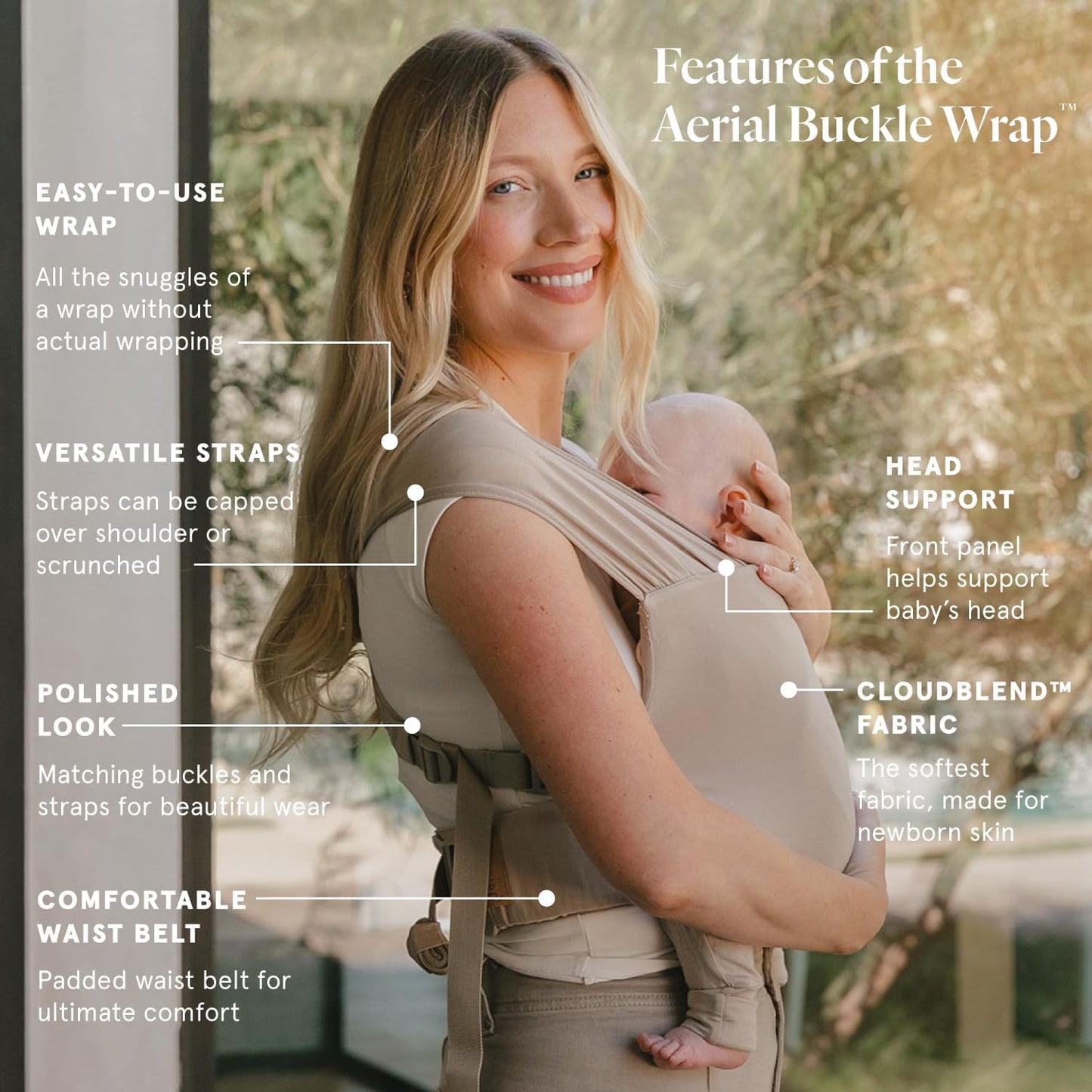 WildBird - Aerial Buckle Wrap - 0-6 Months - Large (L-4XL) Desrt Lark - Newborn Baby Carrier - Front Carry - Soft Fabric, Straps, Head Support, Padded Waist Belt - Baby Essentials - New Mom Gifts