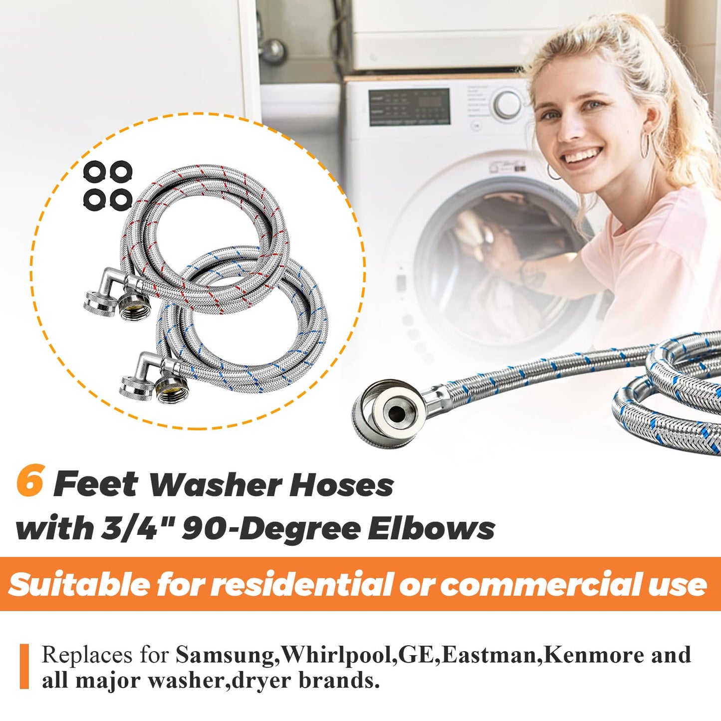 6FT Washer Stainless Steel Hoses with 90 Degree Elbows by Beaquicy - Burst Proof 3/4" FHT Standard Thread - 2 Pack Red and Blue Braided Hoses for Hot and Cold Water Supply - 10 Year Warranty