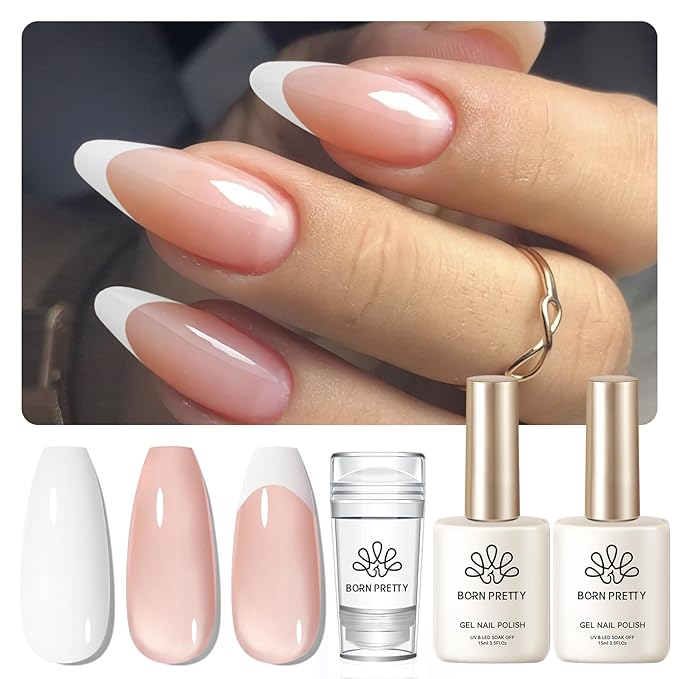 BORN PRETTY French Manicure Kit,Nail Stamper and 2Pcs Gel Nail Polish,Include Jelly Nude Light Pink White Colors for French Tip,U V Light Cure