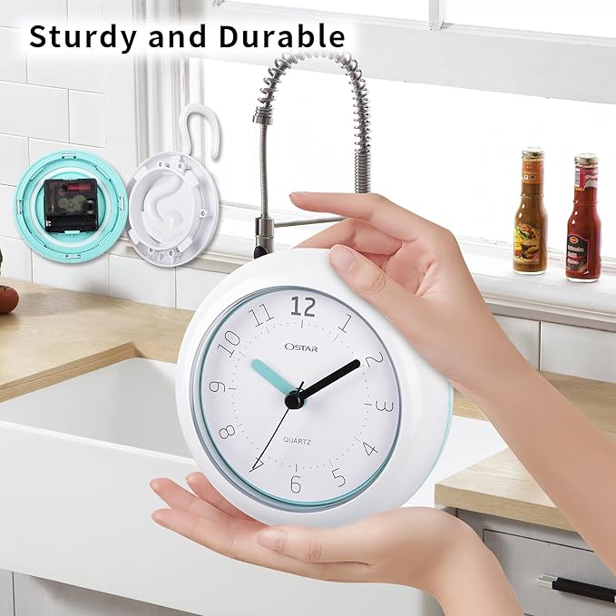 OSTAR Waterproof Bathroom Shower Clock, Analog Quartz Clock Hanging Stand Dual Purpose, One AA Battery Operated 4.72 inch Round Size