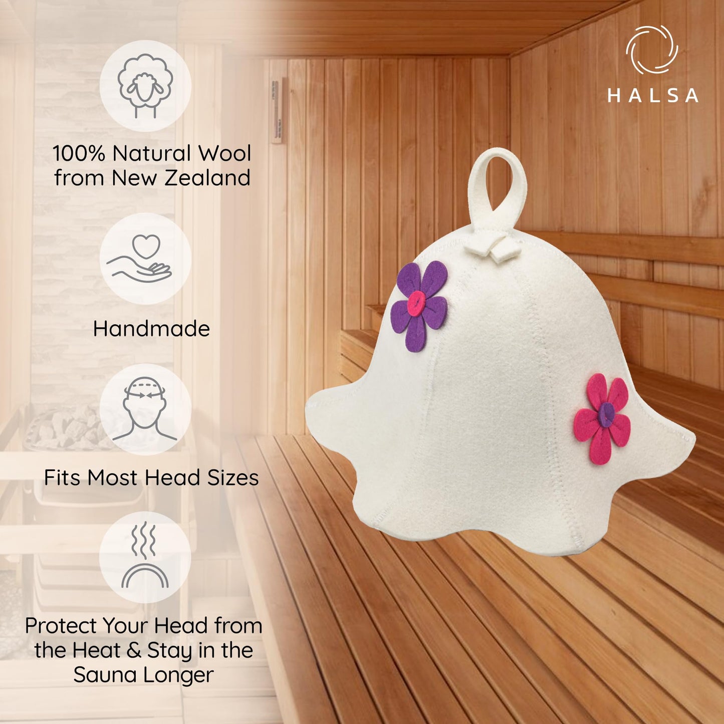 Halsa Sauna Hat, Natural Wool Sauna Cap for Men and Women | Flowers | Eco-Friendly Insulating Headgear for Spa, Steam Room, Banya, Bathhouse | Comfortable, Breathable, Handmade | One Size Fits All