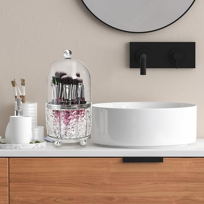 Eorbow Rotating Makeup Brush Holder, Dustproof Cosmetic Tools Organizer with Lid, 360ð Spinning Covered Brushes Storage with Anti-slip Pads for Vanity, Bathroom Countertop & Bedside Table, Clear