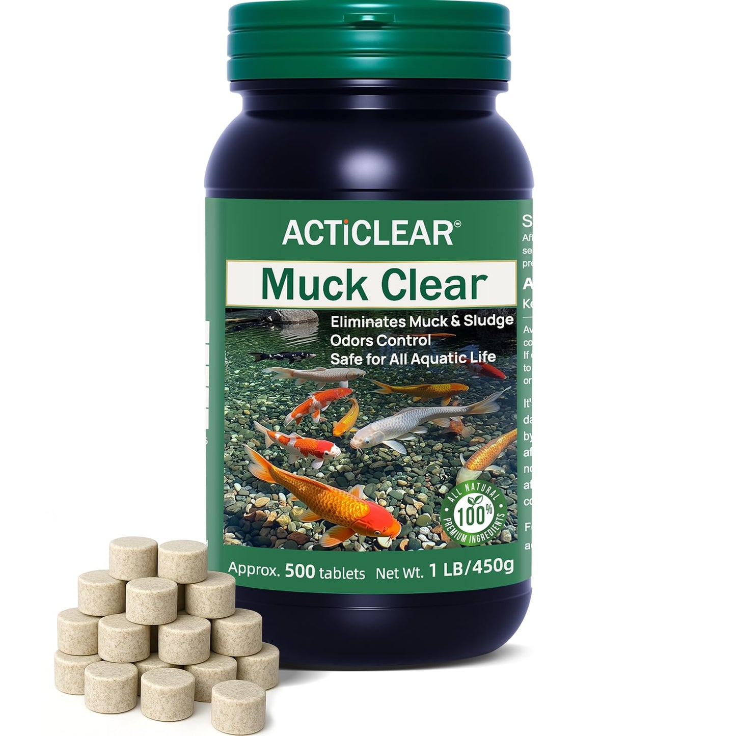 ActiClear Muck Clear â Natural Pond Sludge Treatment, 500 Tablets for Ponds, Fountains & Bird Baths, Beneficial Bacteria & Enzymes, Chemical-Free & Safe for Fish, Pets & Wildlife