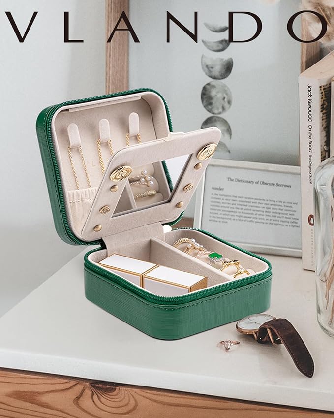 VLANDO Small Travel Jewelry Box Organizer - Girls Women Gift Rings Earrings Necklaces Jewelry Storage Display Case with Mirror Dark Green