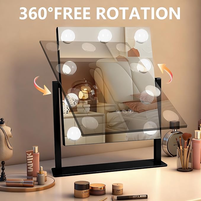 Black Hollywood Vanity Mirror with Lights, 9 Dimmable Bulbs, 3 Color Lights,Make Up Lighted Mirror, 10x Magnification 360°Rotation(12" x 14")