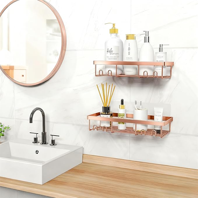 Moforoco Shower Caddy Shelf Organizer Rack, Self Adhesive Black Bathroom Shelves Basket, Home Farmhouse Wall Inside Organization and Storage Decor Rv Accessories, First Camper Apartment Essentials
