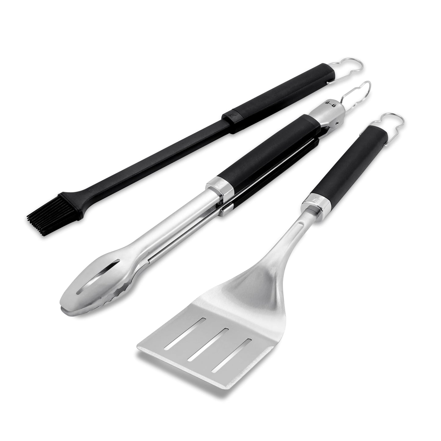 Weber Precision 3âPiece Grilling Tool Set â Stainless Steel Tongs, Spatula & Silicone Basting Brush with NonâSlip Handles and HandsâFree Locking