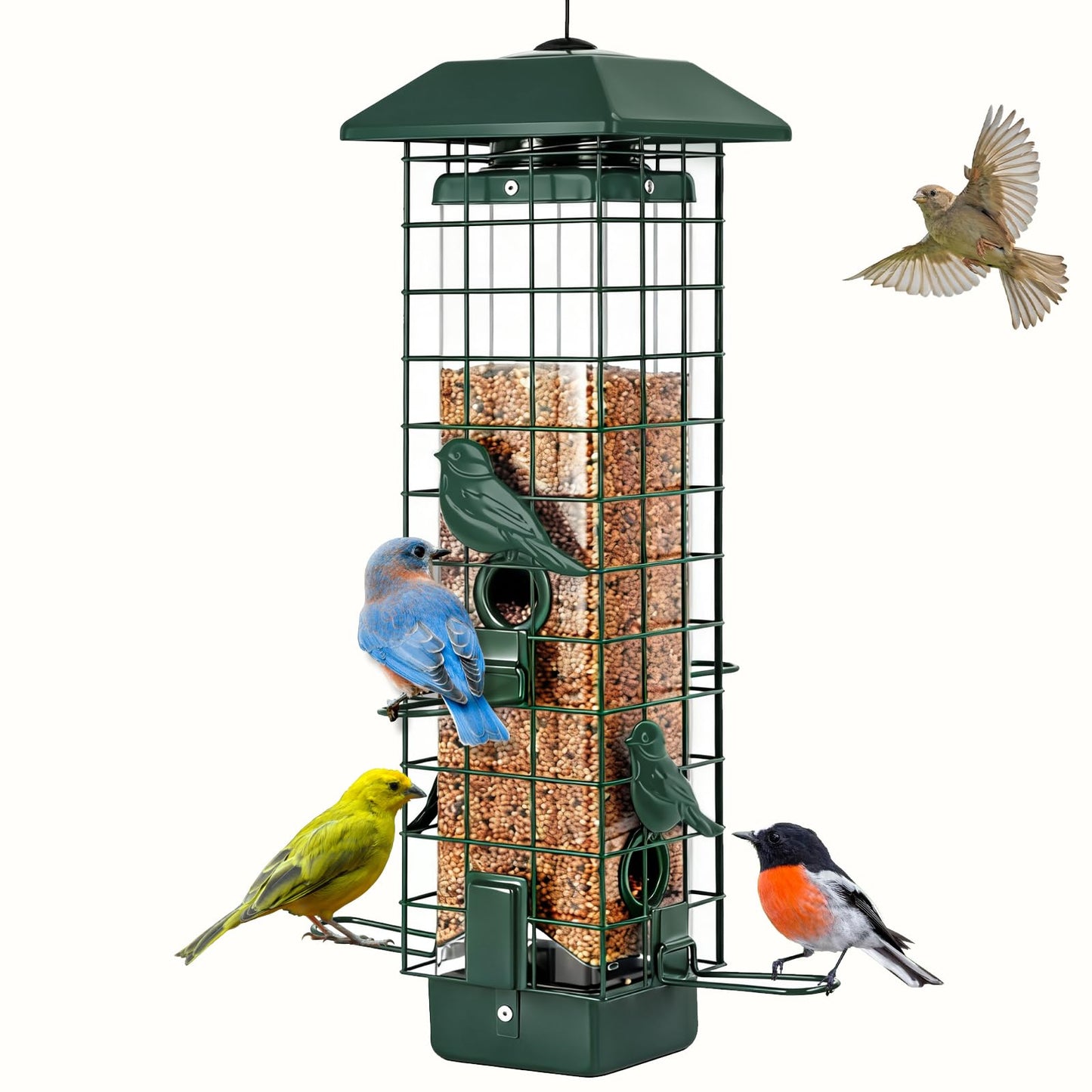 Gbekery Squirrel Proof Bird Feeder, Metal Mesh Feeders for Outdoors Hanging, Gravity Protection Wild Bird Feeders for Finch Chickadee, Weather Resistant, 3LB Large Capacity, Green