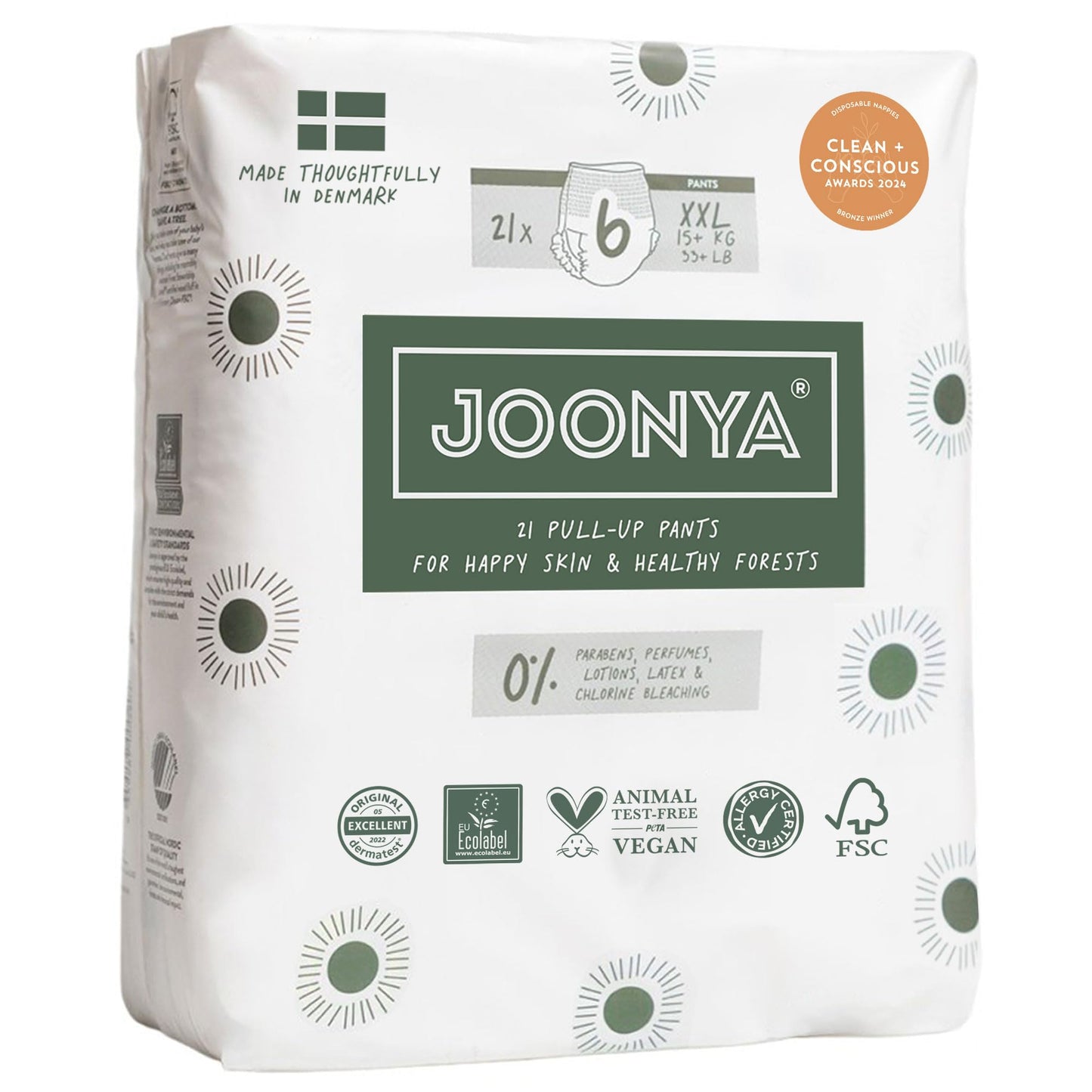 Joonya Pull-Up Pants Baby Diapers, Size 6 XXL (33+ lb) - 1 Bag of 21 - Non Toxic, Eco-Friendly, High Absorbency, Overnight Use, Ultra Slim & Soft - Made in Denmark