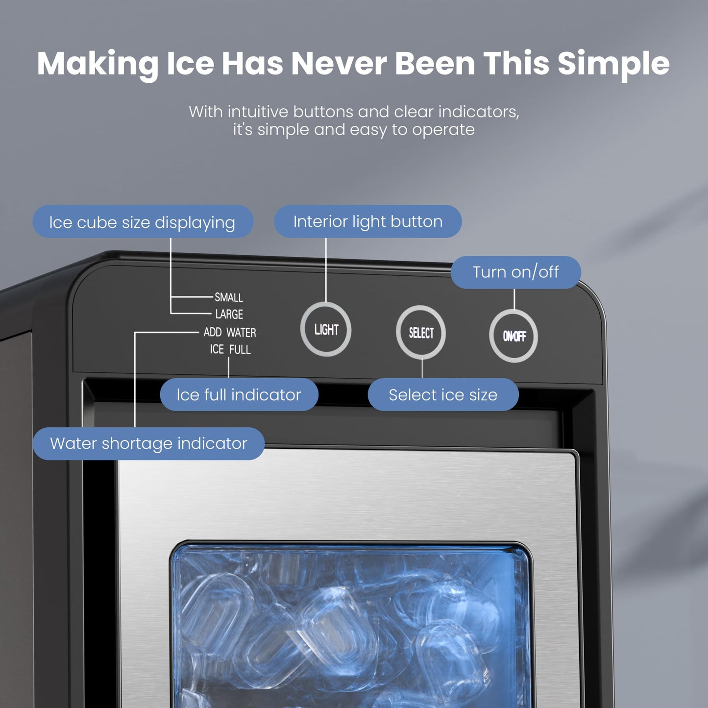 Electactic Ice Makers Countertop,26Lbs/24H,8Pcs in 6Mins,Portable Ice Maker Machine with Self-Cleaning,Interior Lighting,2 Sizes of Bullet Ice for Home/Office/Party(Stainless Steel)