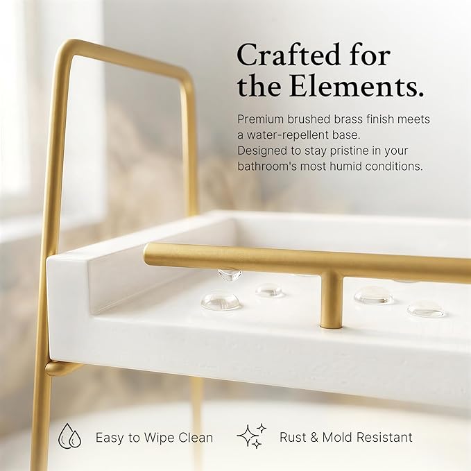 Mustry Bathroom Countertop Organizer, 2-Tier Makeup Organizer for Vanity, Wooden Shelf with Gold Metal Frame for Skincare, Perfume & Decor (White&Gold)