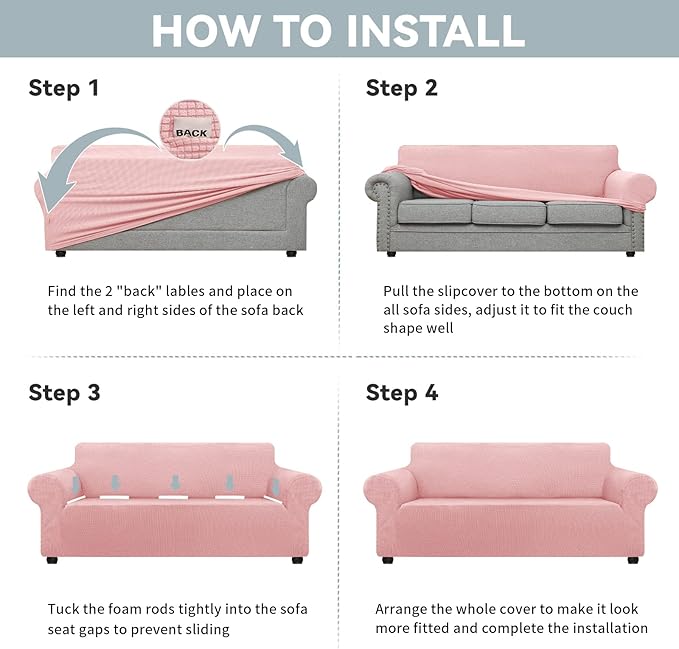 LURKA Stretch Oversized Sofa Slipcovers 1 Piece Couch Covers for 3 Cushion Couch Sofa Furniture Protector Full Sofa Covers with Elastic Bottom for Kids and Pet (X-Large, Pink)