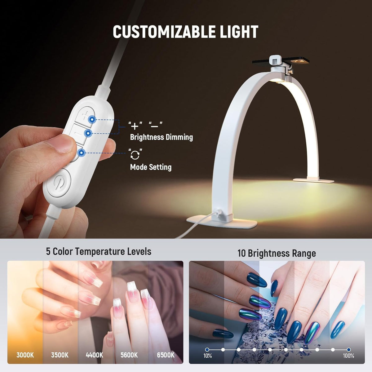 NEEWER Basics 29" Half Moon Nail Light for Desk, 36W Foldable Nail Tech Table Arc Lamp, LED Manicure Half Ring Light with Phone Holder for Makeup Beauty Tattoo Overhead Video Recording, HM02-D
