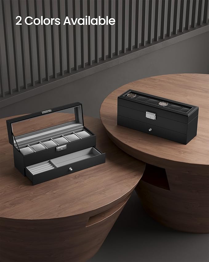 SONGMICS Watch Box, 6-Slot Watch Case Organizer with Large Glass Lid, 2 Layers, Removable Pillows, Metal Lock, Gift for Loved Ones, Black Synthetic Leather, Black Lining UJWB060B02