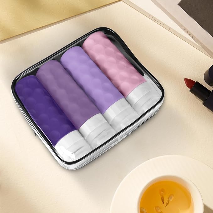 Silevoler Travel Bottles for Toiletries, 4pcs Tsa Approved 3oz Travel Size Containers, BPA Free Leak Proof Premium Silicone Bottles, Refillable Liquid Squeezable Accessories W/Toiletry Bag(Purple)