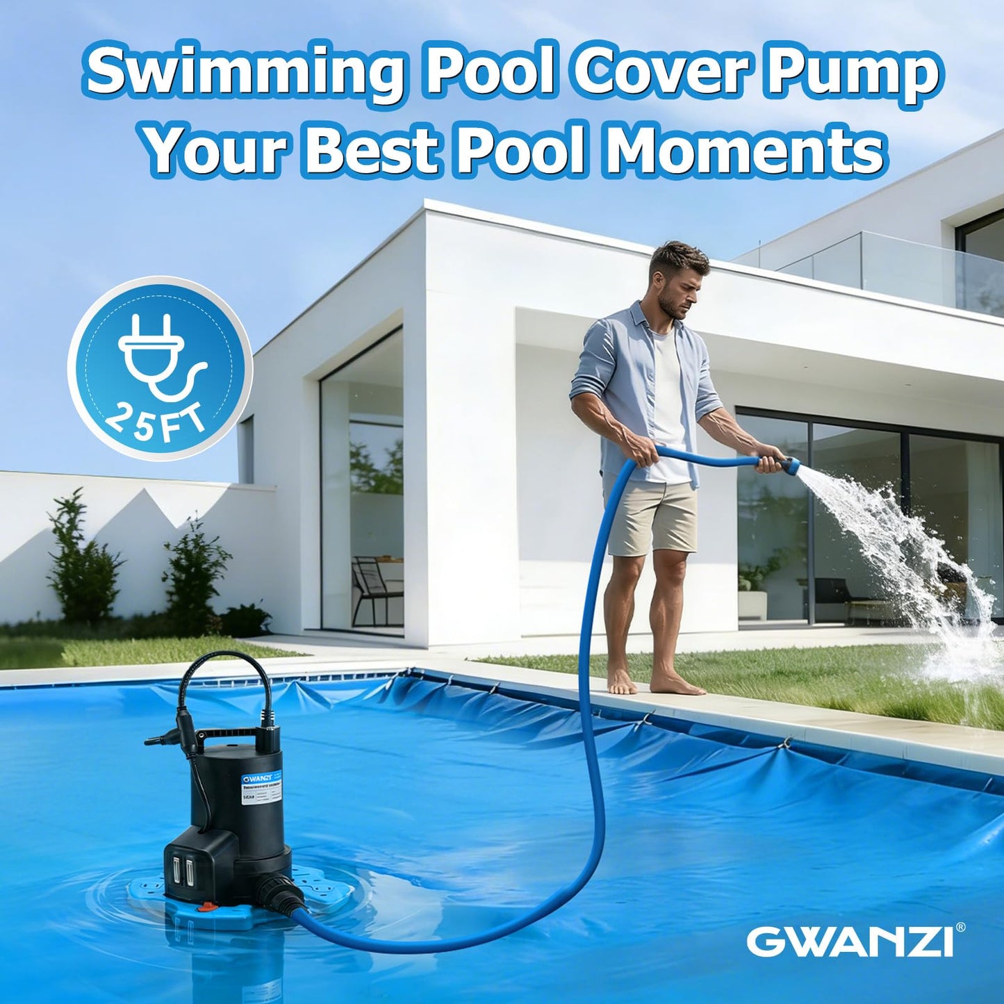 1/2HP Automatic Swimming Pool Cover Pump 3500GPH Submersible Water Pump with 3/4” Check Valve Adapter & 25ft Power Cord 110V Sump Pump for Swimming Pool Hot Tubs Pond Basement Rooftops