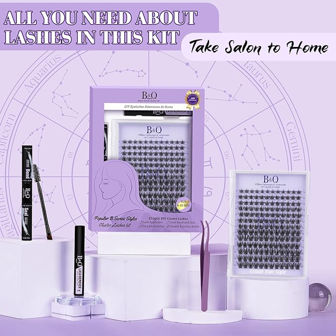 B&Q Wispy Lash Clusters Kit B28, DIY Lash Extension Kit 156PCS Eyelash Extension Kit, Soft Natural Lash Clusters 8-18MIX D Curl Lash cluster, Thin Black Band Cluster Eyelash Extensions (B28 Set)